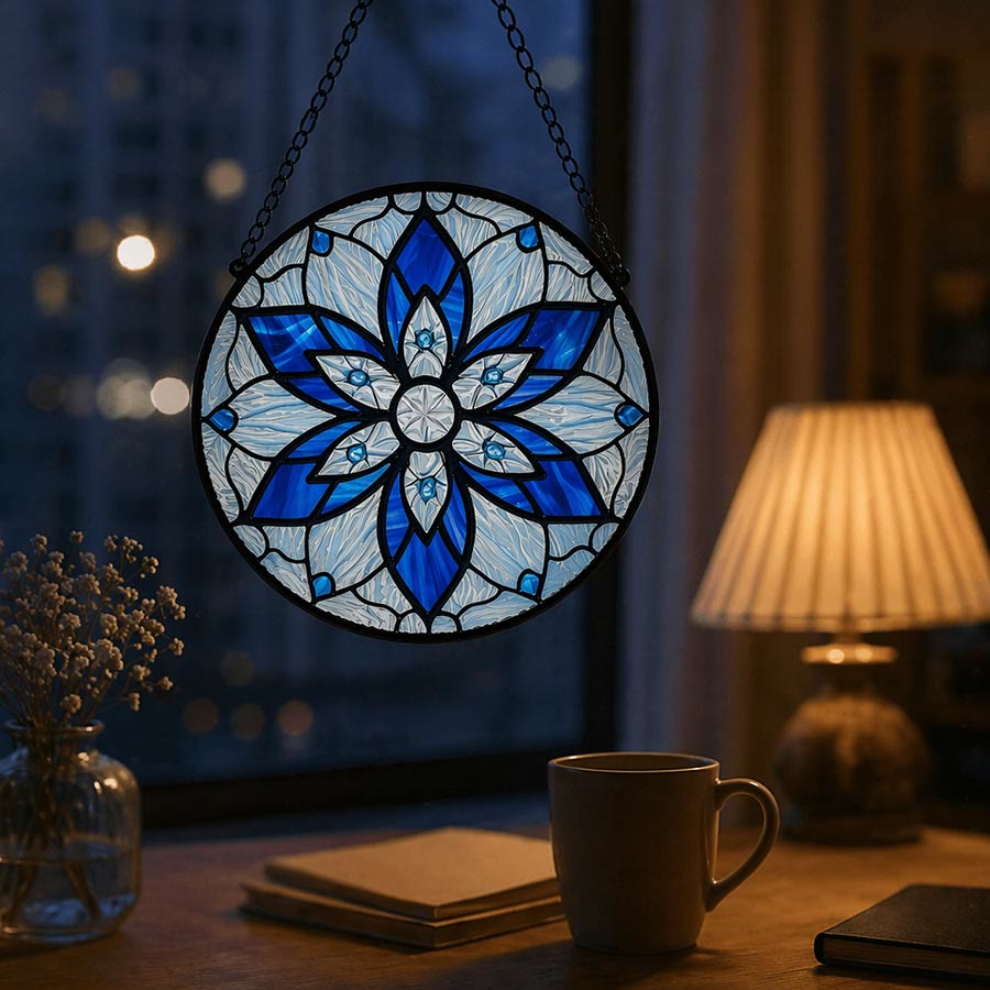 Olivenorma 2D Round Blue Lotus Mandala Evil Eye Mosaic Stained Glass Sun Catcher - image 5