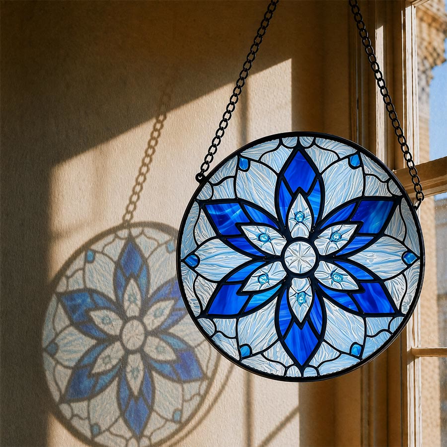 Olivenorma 2D Round Blue Lotus Mandala Evil Eye Mosaic Stained Glass Sun Catcher - image 1