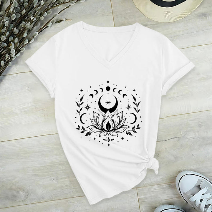 Olivenorma Front Back Dual Print Moon Lotus Spiritual Graphic Women's V Neck T-Shirt - White - 2XL - image 40