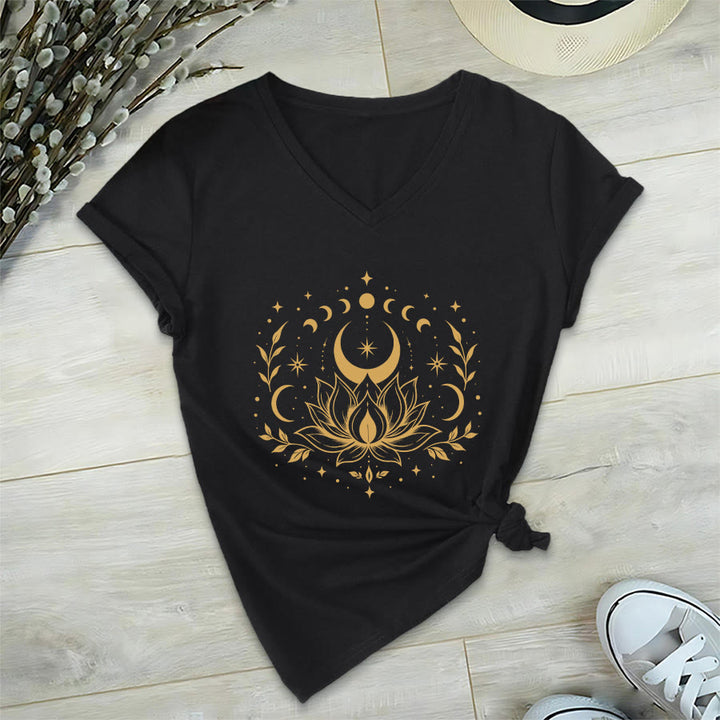 Olivenorma Front Back Dual Print Moon Lotus Spiritual Graphic Women's V Neck T-Shirt - Black - 2XL - image 30