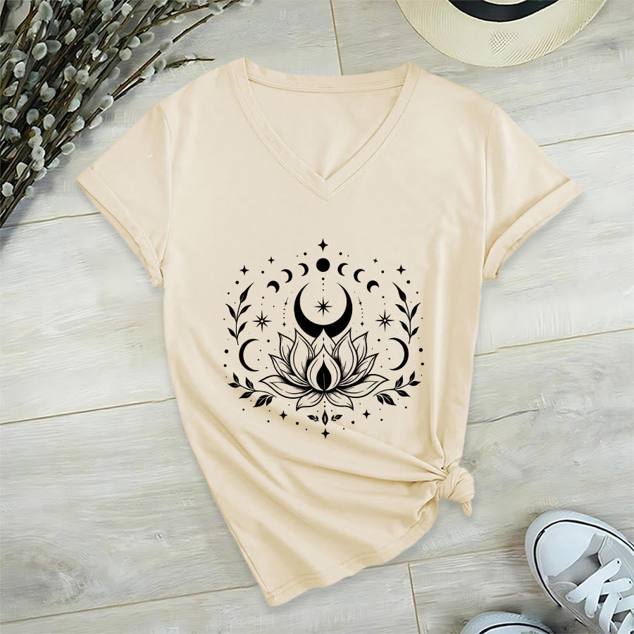 Olivenorma Front Back Dual Print Moon Lotus Spiritual Graphic Women's V Neck T-Shirt - Khaki - 2XL - image 15