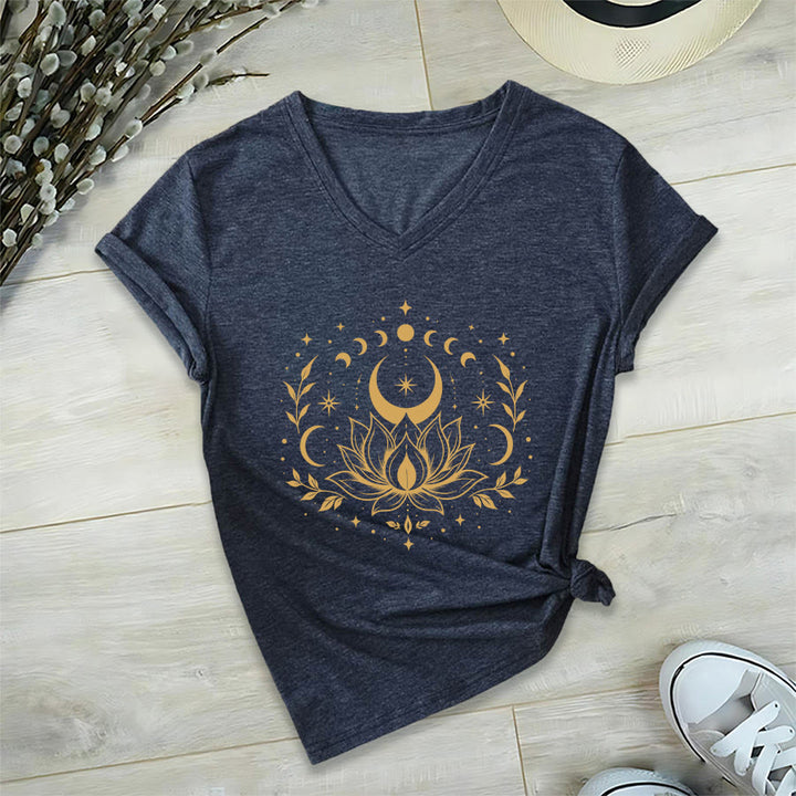 Olivenorma Front Back Dual Print Moon Lotus Spiritual Graphic Women's V Neck T-Shirt - Navy Blue - 2XL - image 0
