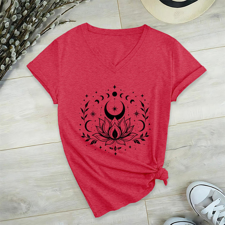 Olivenorma Front Back Dual Print Moon Lotus Spiritual Graphic Women's V Neck T-Shirt - Red - 2XL - image 45