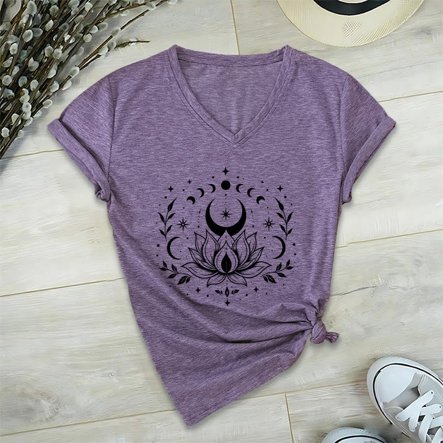 Olivenorma Front Back Dual Print Moon Lotus Spiritual Graphic Women's V Neck T-Shirt - Purple - 2XL - image 60