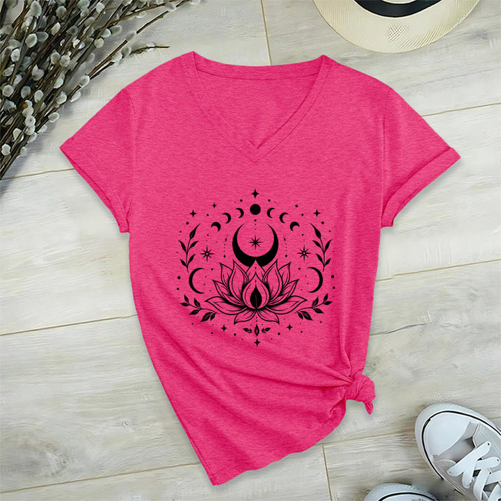 Olivenorma Front Back Dual Print Moon Lotus Spiritual Graphic Women's V Neck T-Shirt - Rose Red - 2XL - image 55