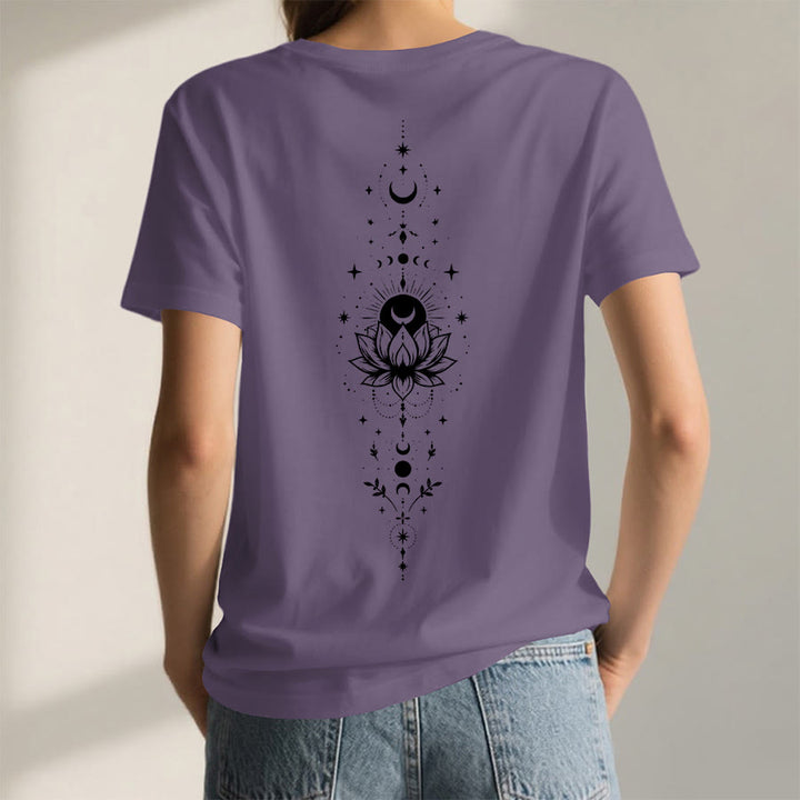 Olivenorma Front Back Dual Print Moon Lotus Spiritual Graphic Women's V Neck T-Shirt - image 64