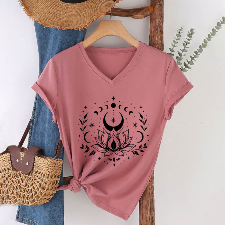 Olivenorma Front Back Dual Print Moon Lotus Spiritual Graphic Women's V Neck T-Shirt - image 22