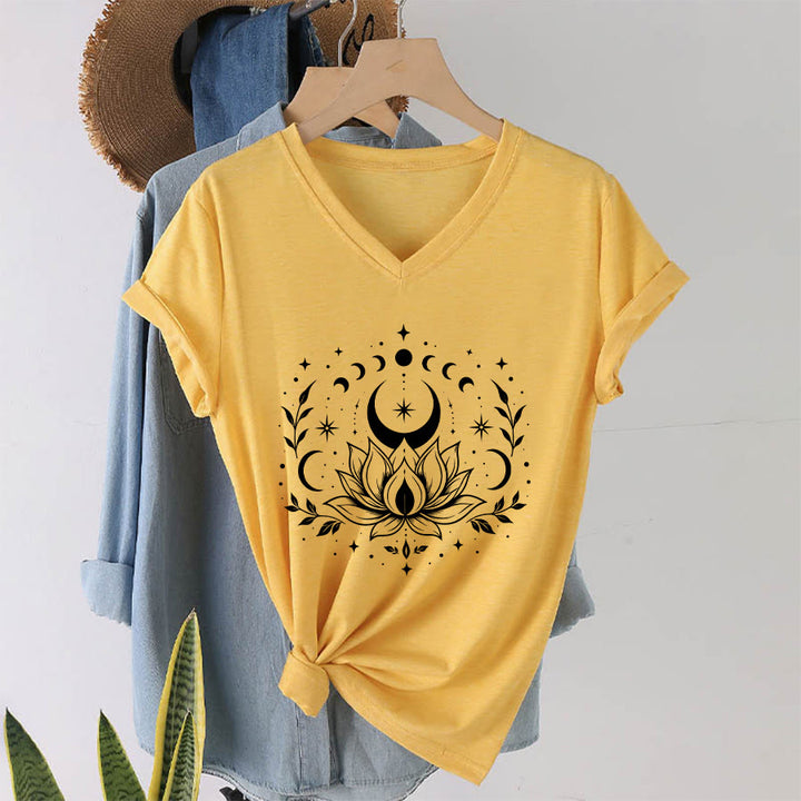 Olivenorma Front Back Dual Print Moon Lotus Spiritual Graphic Women's V Neck T-Shirt - image 52