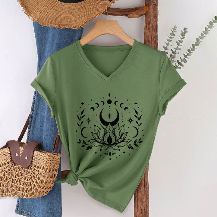Olivenorma Front Back Dual Print Moon Lotus Spiritual Graphic Women's V Neck T-Shirt - image 12