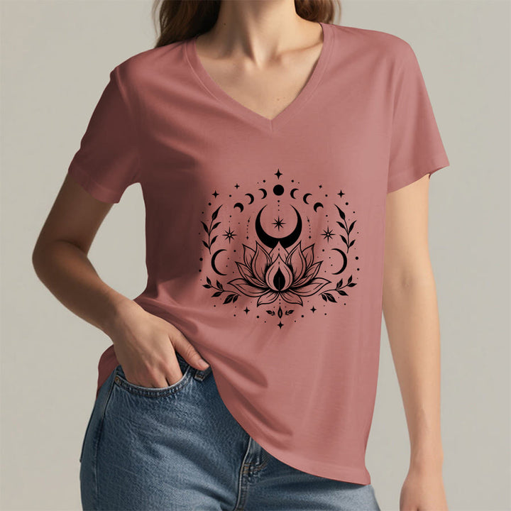 Olivenorma Front Back Dual Print Moon Lotus Spiritual Graphic Women's V Neck T-Shirt - image 23
