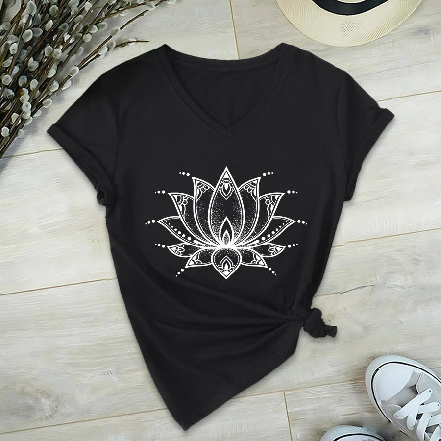 Olivenorma Minimal Outline Sacred Lotus Zen Graphic Women's V Neck T-Shirt - Black - 2XL - image 18
