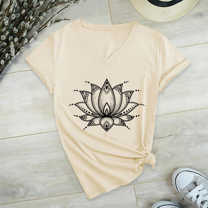 Olivenorma Minimal Outline Sacred Lotus Zen Graphic Women's V Neck T-Shirt - Khaki - 2XL - image 9