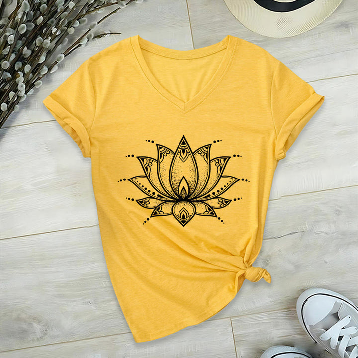 Olivenorma Minimal Outline Sacred Lotus Zen Graphic Women's V Neck T-Shirt - Yellow - 2XL - image 3