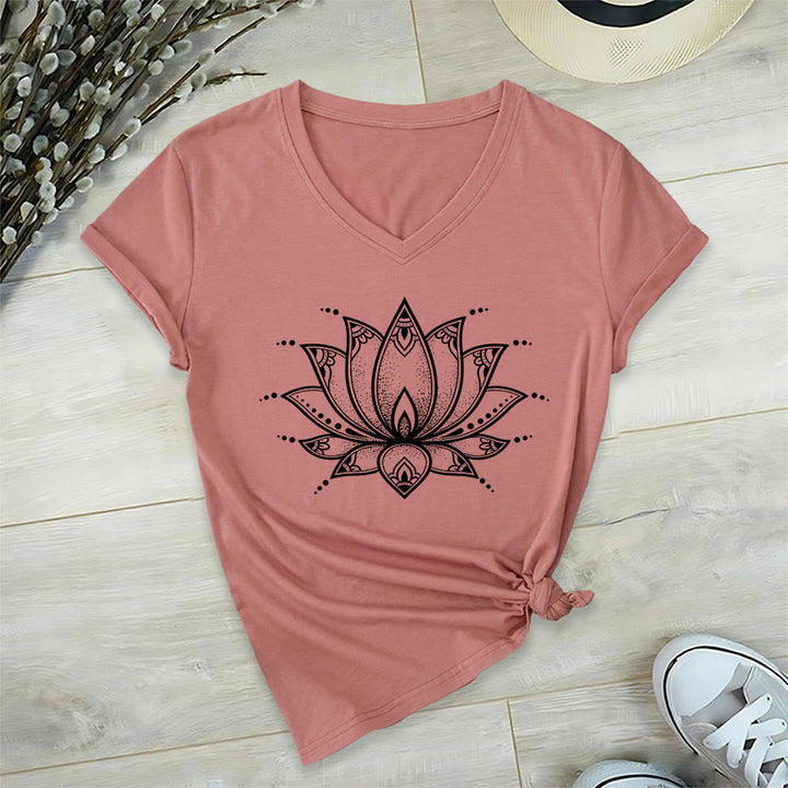 Olivenorma Minimal Outline Sacred Lotus Zen Graphic Women's V Neck T-Shirt - Pink - 2XL - image 12