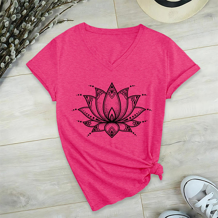 Olivenorma Minimal Outline Sacred Lotus Zen Graphic Women's V Neck T-Shirt - Rose Red - 2XL - image 33