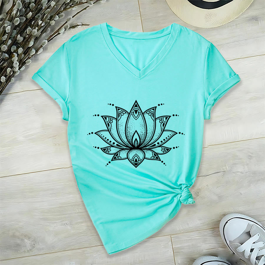 Olivenorma Minimal Outline Sacred Lotus Zen Graphic Women's V Neck T-Shirt - Lake Blue - 2XL - image 15