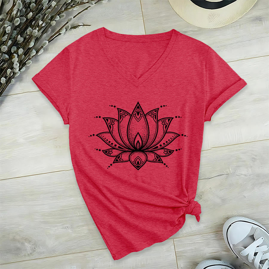 Olivenorma Minimal Outline Sacred Lotus Zen Graphic Women's V Neck T-Shirt - Red - 2XL - image 30