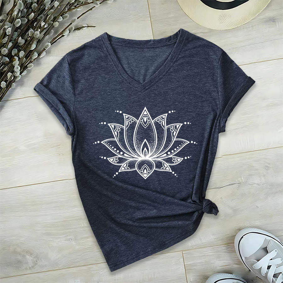 Olivenorma Minimal Outline Sacred Lotus Zen Graphic Women's V Neck T-Shirt - Navy Blue - 2XL - image 27
