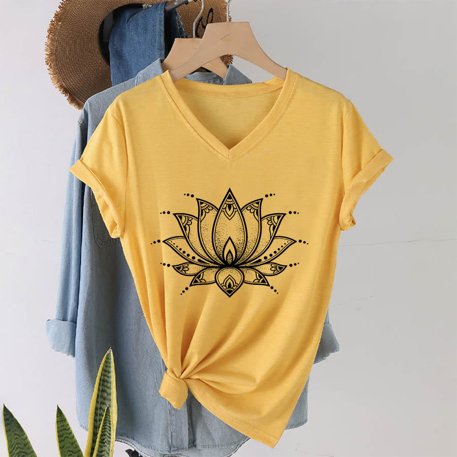 Olivenorma Minimal Outline Sacred Lotus Zen Graphic Women's V Neck T-Shirt - image 4
