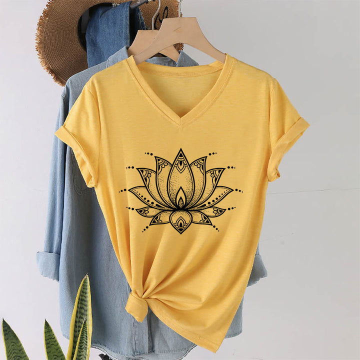 Olivenorma Minimal Outline Sacred Lotus Zen Graphic Women's V Neck T-Shirt - image 4
