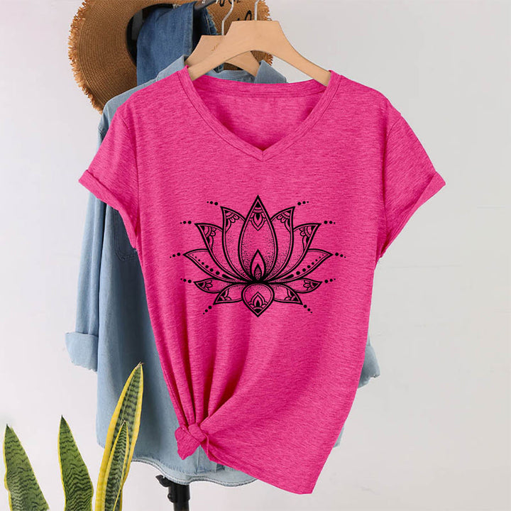 Olivenorma Minimal Outline Sacred Lotus Zen Graphic Women's V Neck T-Shirt - image 34