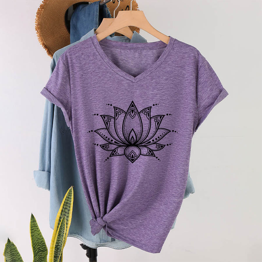 Olivenorma Minimal Outline Sacred Lotus Zen Graphic Women's V Neck T-Shirt - image 37