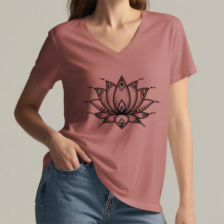 Olivenorma Minimal Outline Sacred Lotus Zen Graphic Women's V Neck T-Shirt - image 14