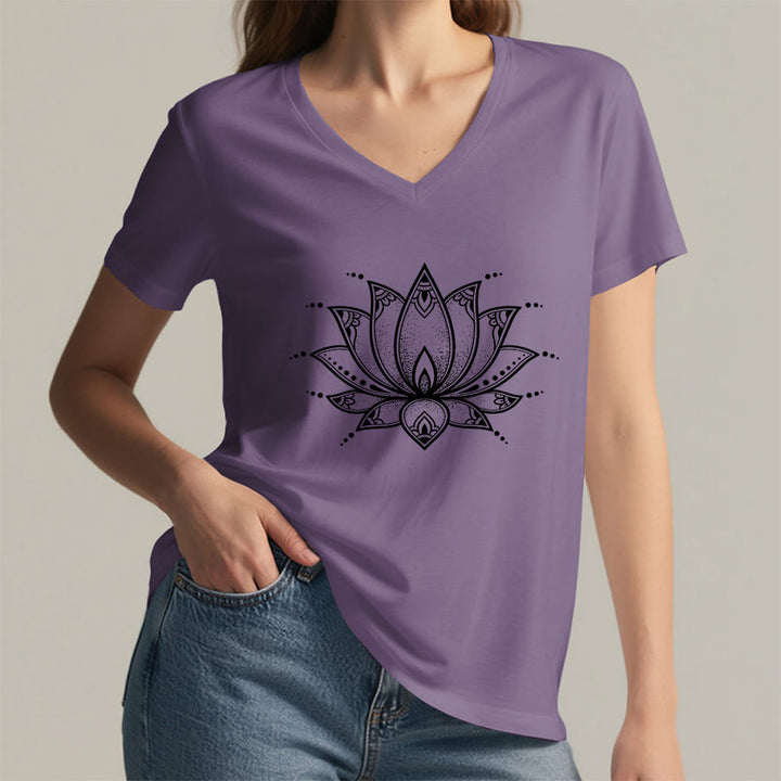 Olivenorma Minimal Outline Sacred Lotus Zen Graphic Women's V Neck T-Shirt - image 38