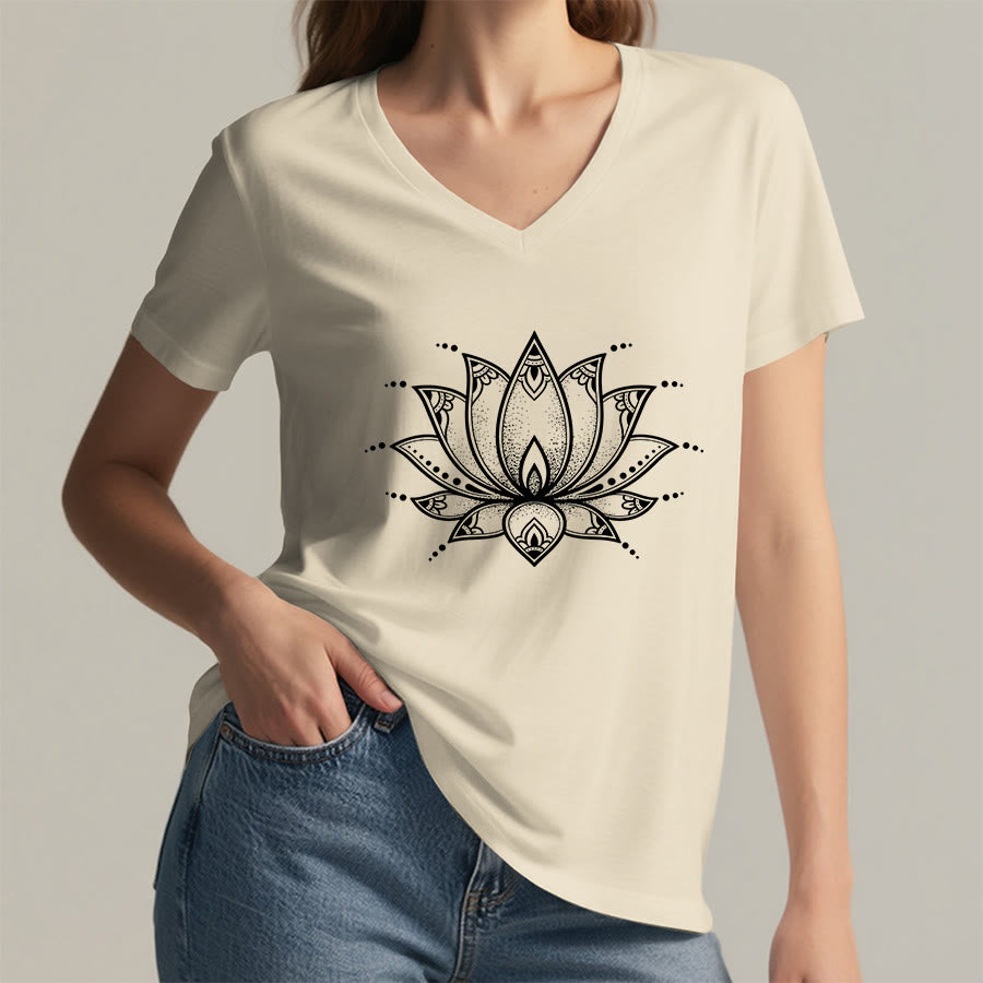 Olivenorma Minimal Outline Sacred Lotus Zen Graphic Women's V Neck T-Shirt - image 11