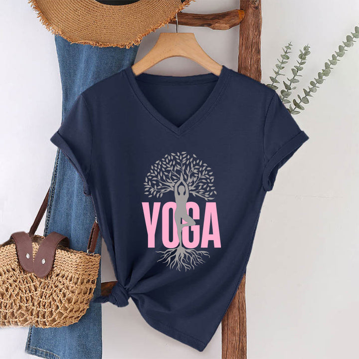 Olivenorma Yoga Figure Tree Of Life Bold Text Graphic Women's V Neck T-Shirt - Navy Blue - 2XL - image 25