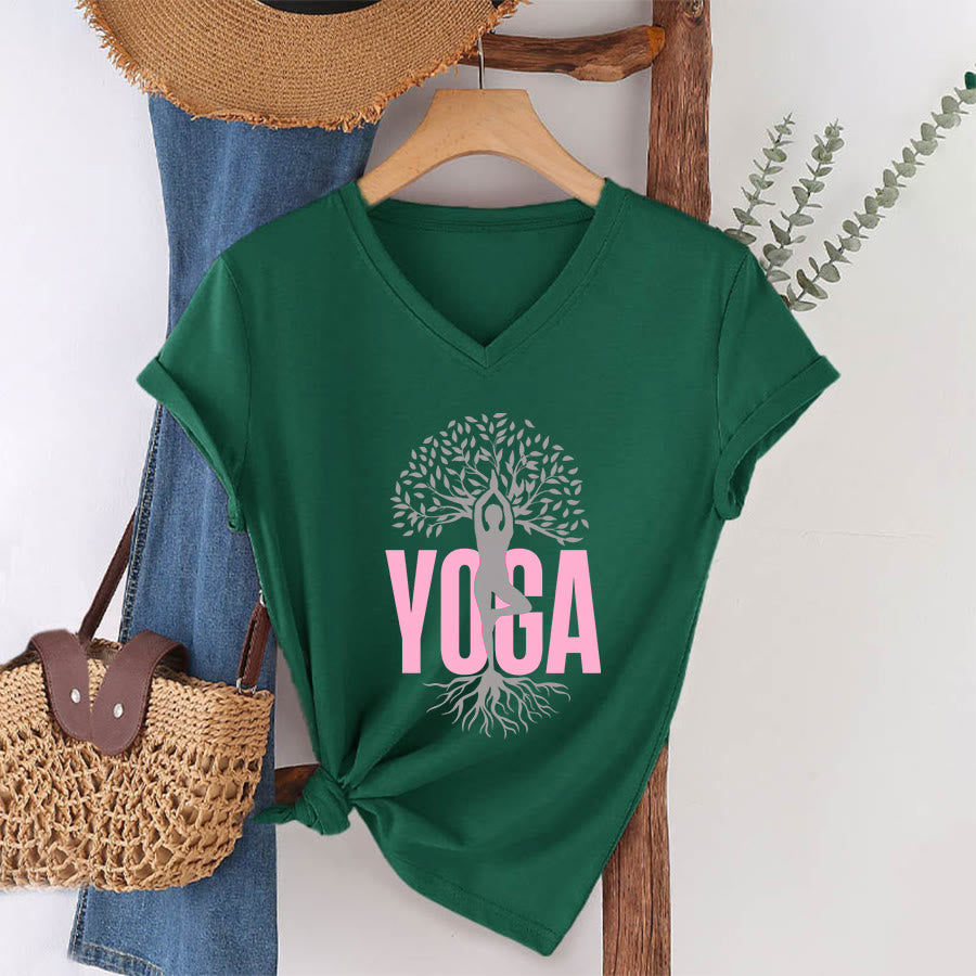 Olivenorma Yoga Figure Tree Of Life Bold Text Graphic Women's V Neck T-Shirt - Dark Green - 2XL - image 4