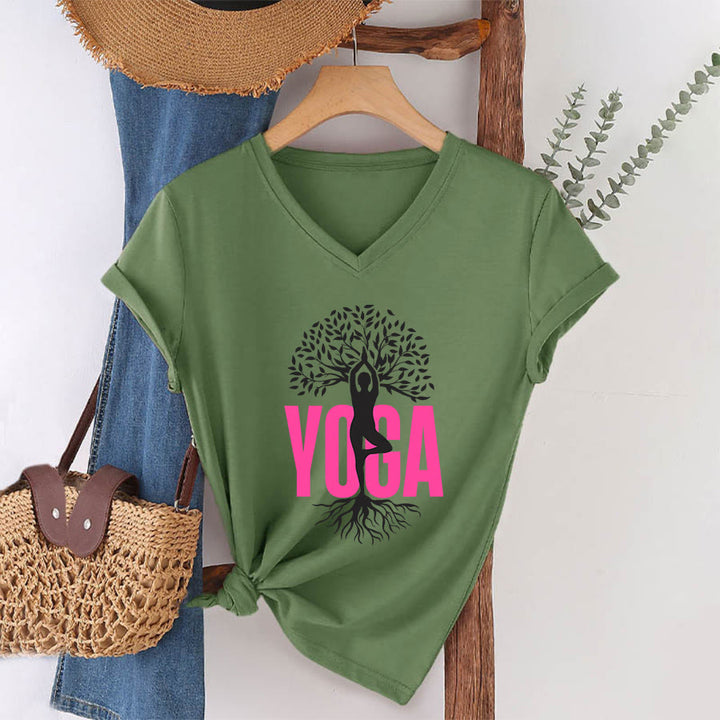 Olivenorma Yoga Figure Tree Of Life Bold Text Graphic Women's V Neck T-Shirt - Olive Green - 2XL - image 7