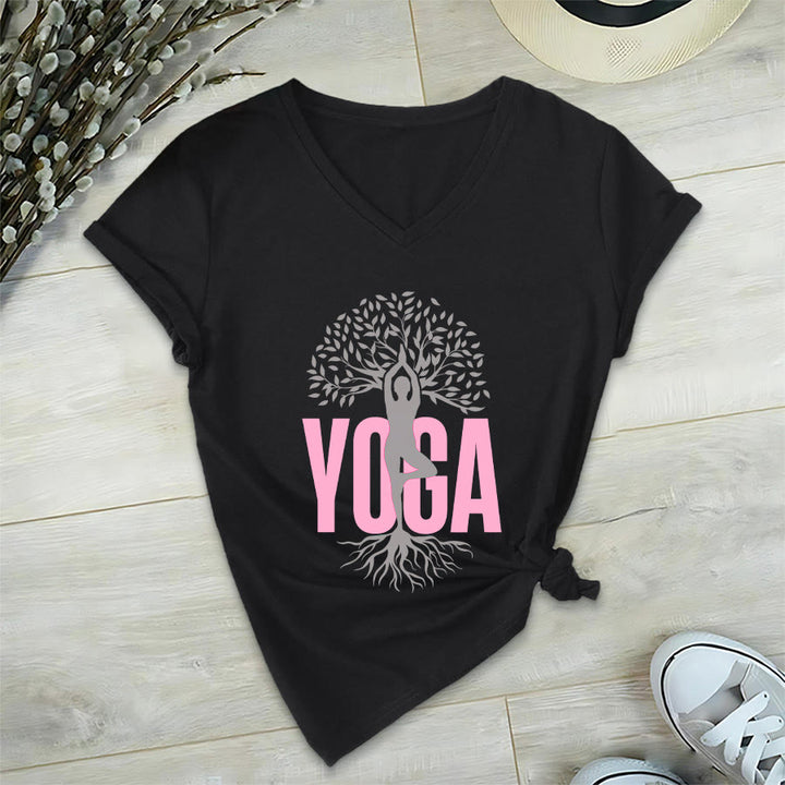 Olivenorma Yoga Figure Tree Of Life Bold Text Graphic Women's V Neck T-Shirt - image 18