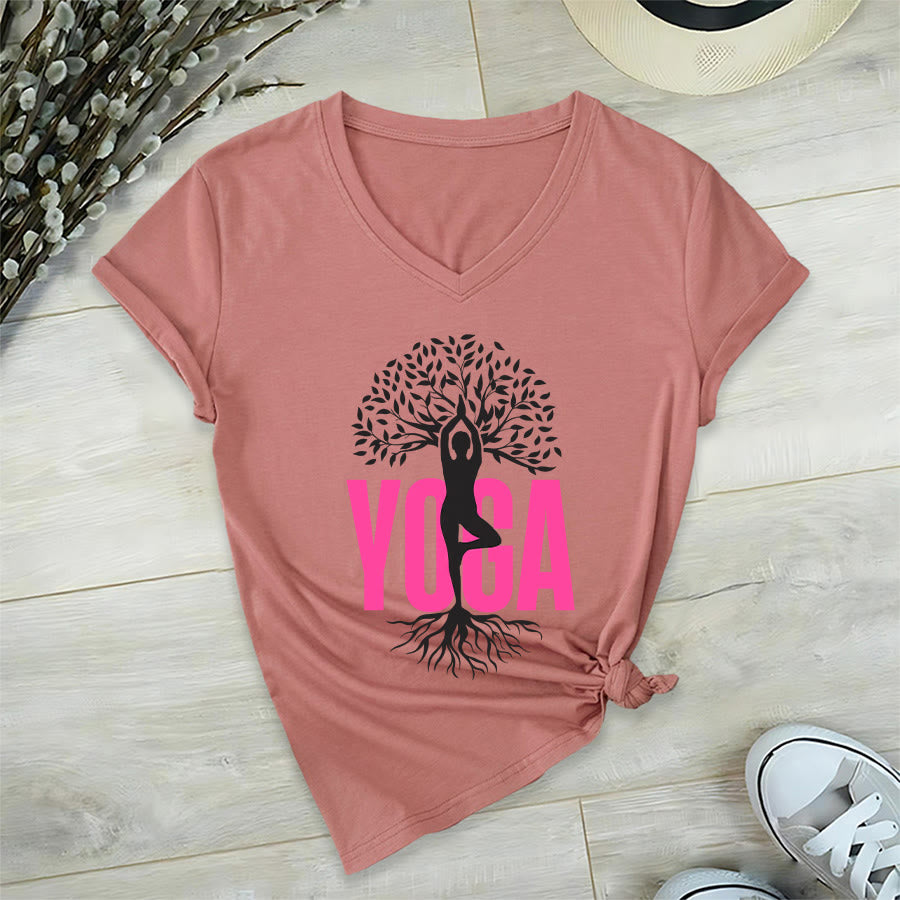 Olivenorma Yoga Figure Tree Of Life Bold Text Graphic Women's V Neck T-Shirt - image 12