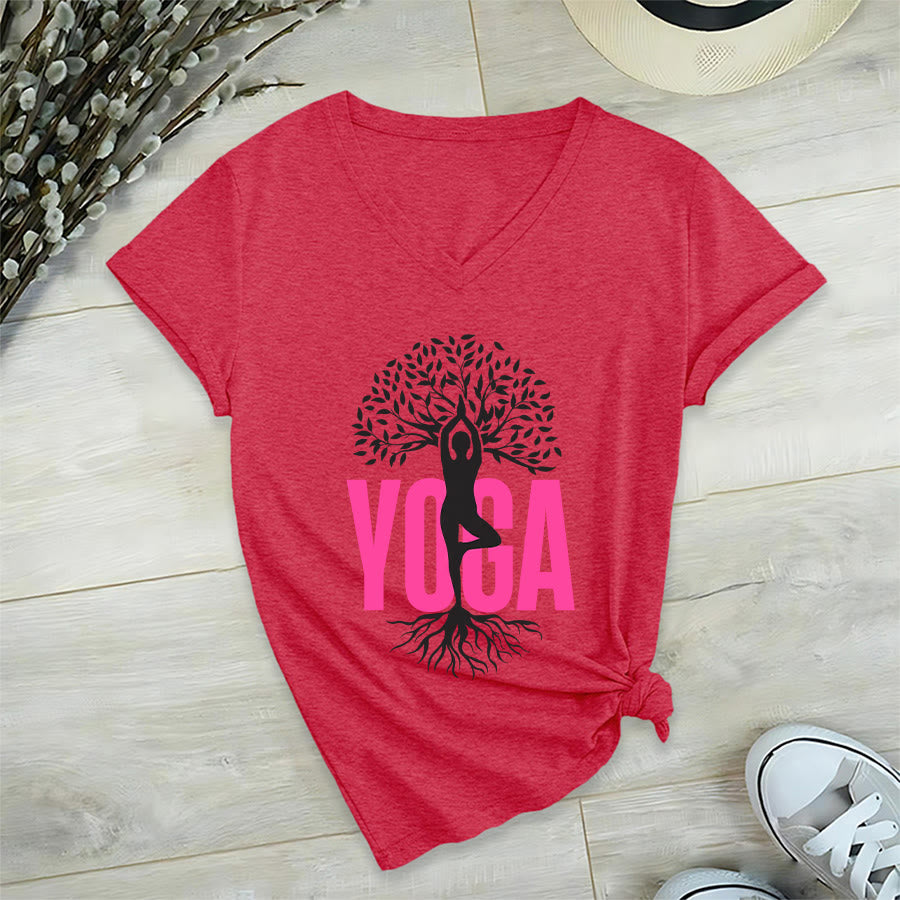 Olivenorma Yoga Figure Tree Of Life Bold Text Graphic Women's V Neck T-Shirt - image 27
