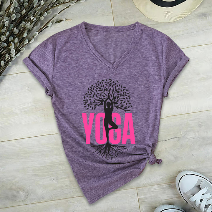 Olivenorma Yoga Figure Tree Of Life Bold Text Graphic Women's V Neck T-Shirt - image 36