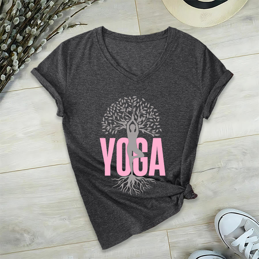 Olivenorma Yoga Figure Tree Of Life Bold Text Graphic Women's V Neck T-Shirt - image 21