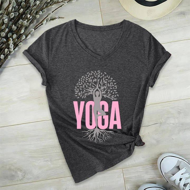 Olivenorma Yoga Figure Tree Of Life Bold Text Graphic Women's V Neck T-Shirt - image 21