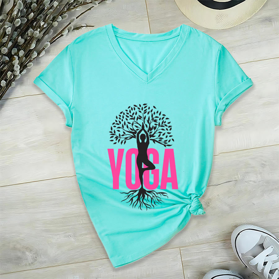 Olivenorma Yoga Figure Tree Of Life Bold Text Graphic Women's V Neck T-Shirt - image 15