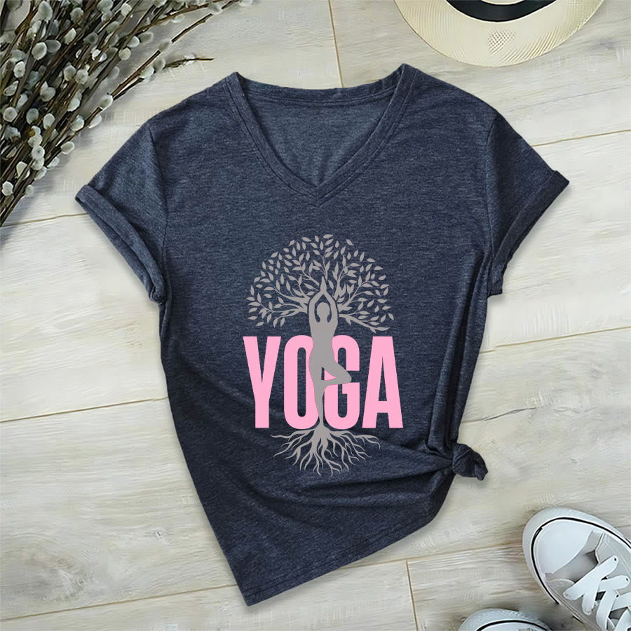 Olivenorma Yoga Figure Tree Of Life Bold Text Graphic Women's V Neck T-Shirt - image 24