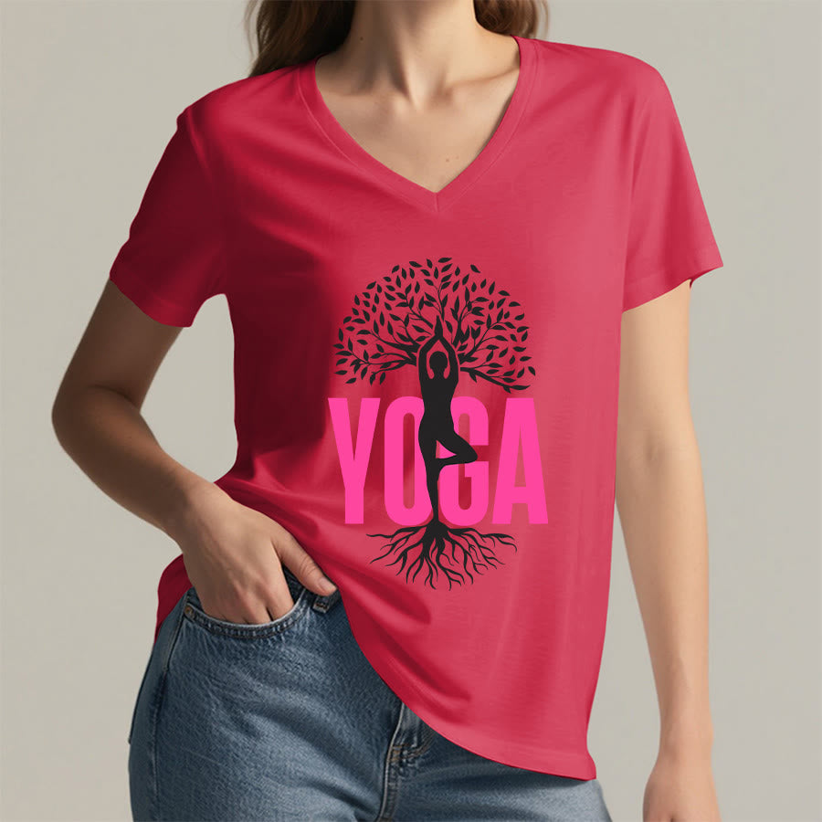 Olivenorma Yoga Figure Tree Of Life Bold Text Graphic Women's V Neck T-Shirt - image 29