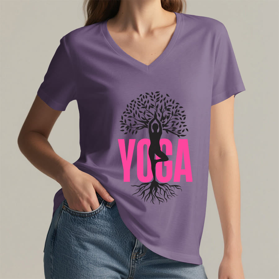 Olivenorma Yoga Figure Tree Of Life Bold Text Graphic Women's V Neck T-Shirt - image 38