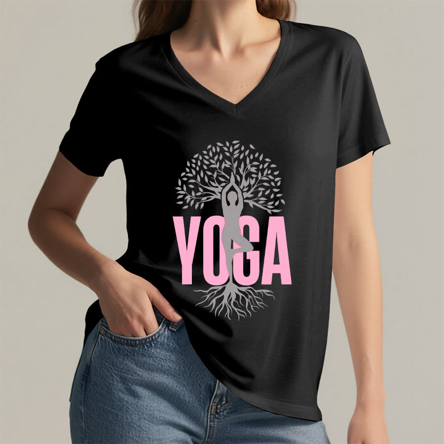 Olivenorma Yoga Figure Tree Of Life Bold Text Graphic Women's V Neck T-Shirt - image 20