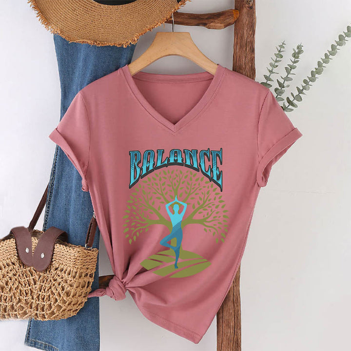 Olivenorma Tree Pose Yoga Lady Balance Word Spiritual Women's V Neck T-Shirt - Pink - 2XL - image 13