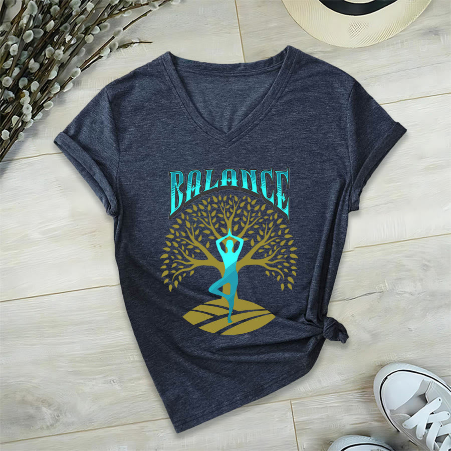 Olivenorma Tree Pose Yoga Lady Balance Word Spiritual Women's V Neck T-Shirt - image 24