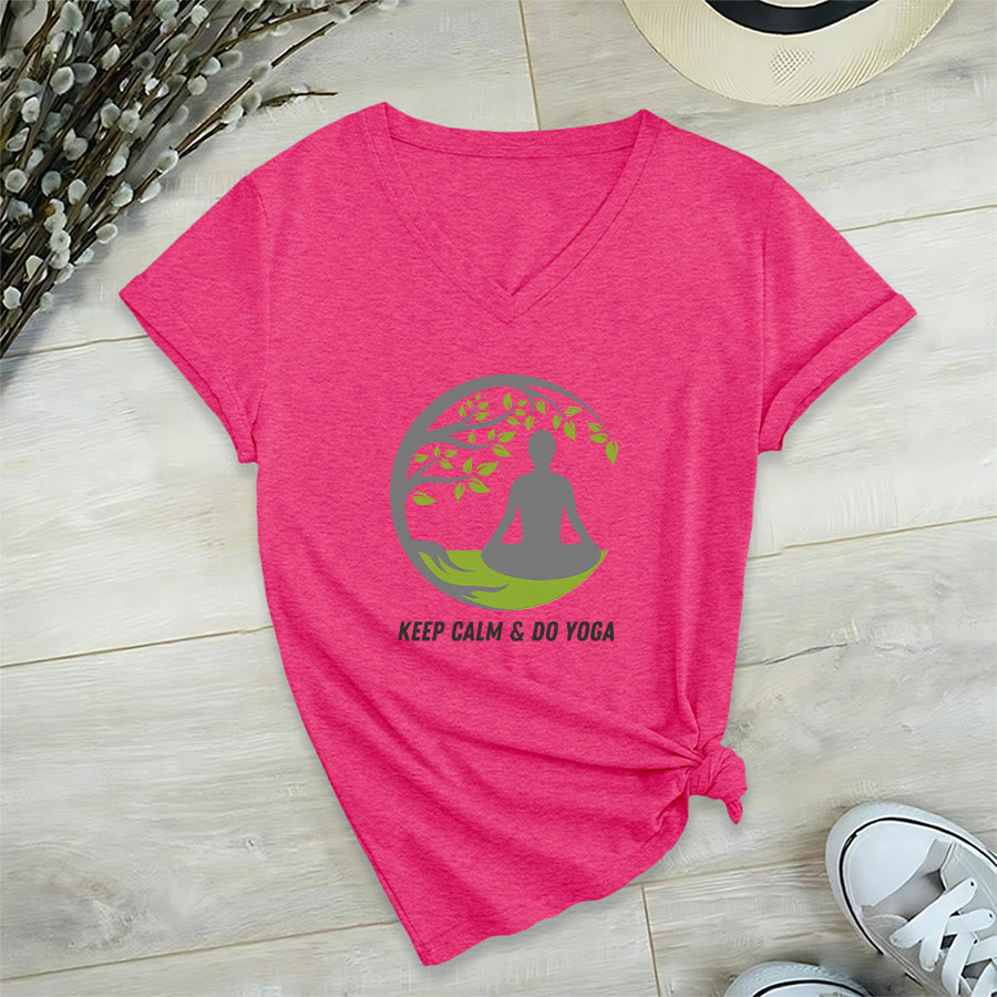 Olivenorma Keep Calm & Do Yoga Circular Tree Meditation Figure Graphic Women's V Neck T-Shirt - Rose Red - 2XL - image 33