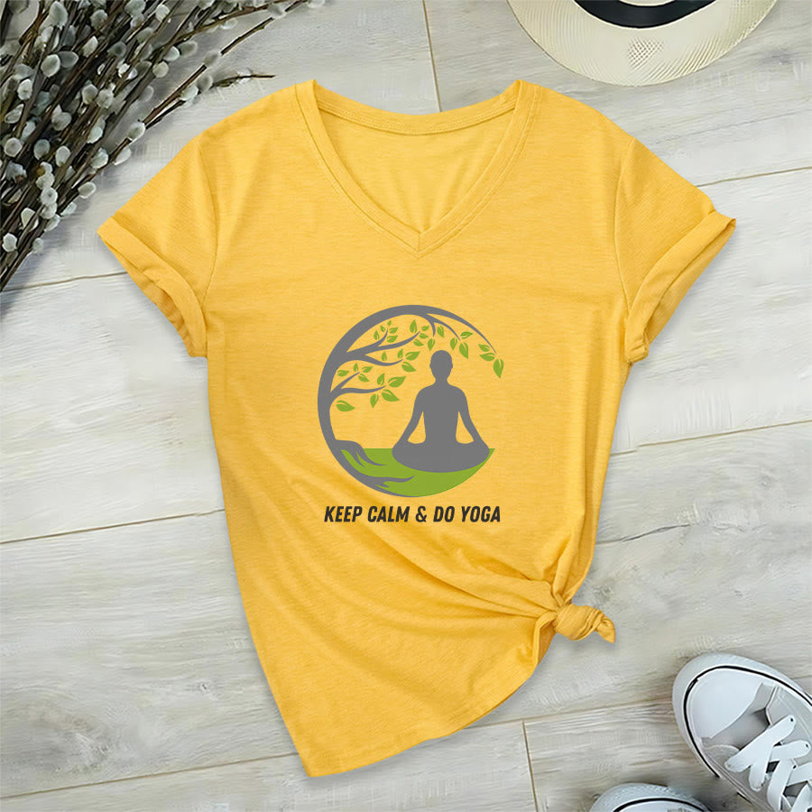 Olivenorma Keep Calm & Do Yoga Circular Tree Meditation Figure Graphic Women's V Neck T-Shirt - Yellow - 2XL - image 30