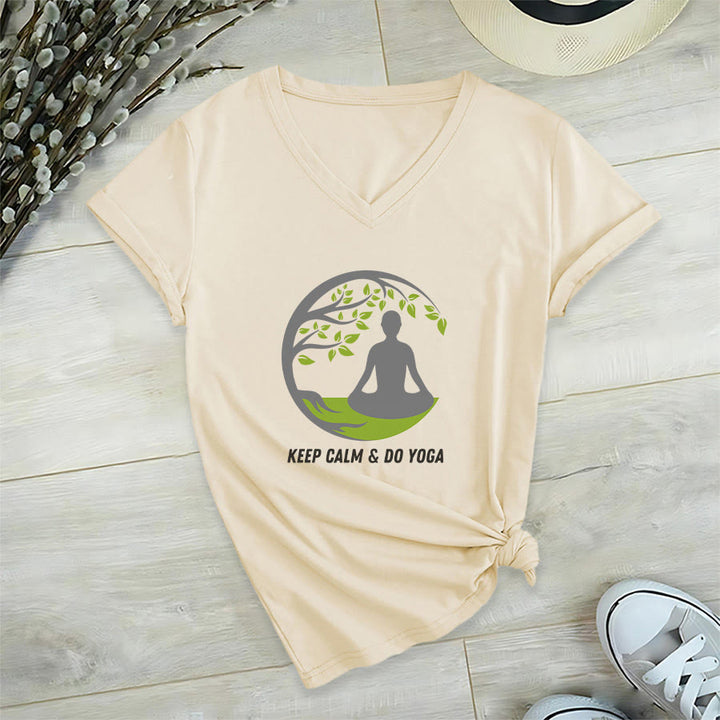 Olivenorma Keep Calm & Do Yoga Circular Tree Meditation Figure Graphic Women's V Neck T-Shirt - Khaki - 2XL - image 3