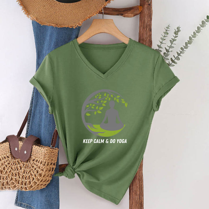 Olivenorma Keep Calm & Do Yoga Circular Tree Meditation Figure Graphic Women's V Neck T-Shirt - image 7