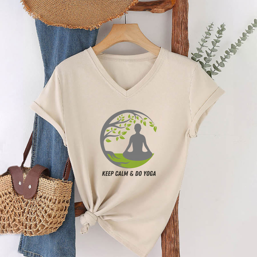 Olivenorma Keep Calm & Do Yoga Circular Tree Meditation Figure Graphic Women's V Neck T-Shirt - image 4
